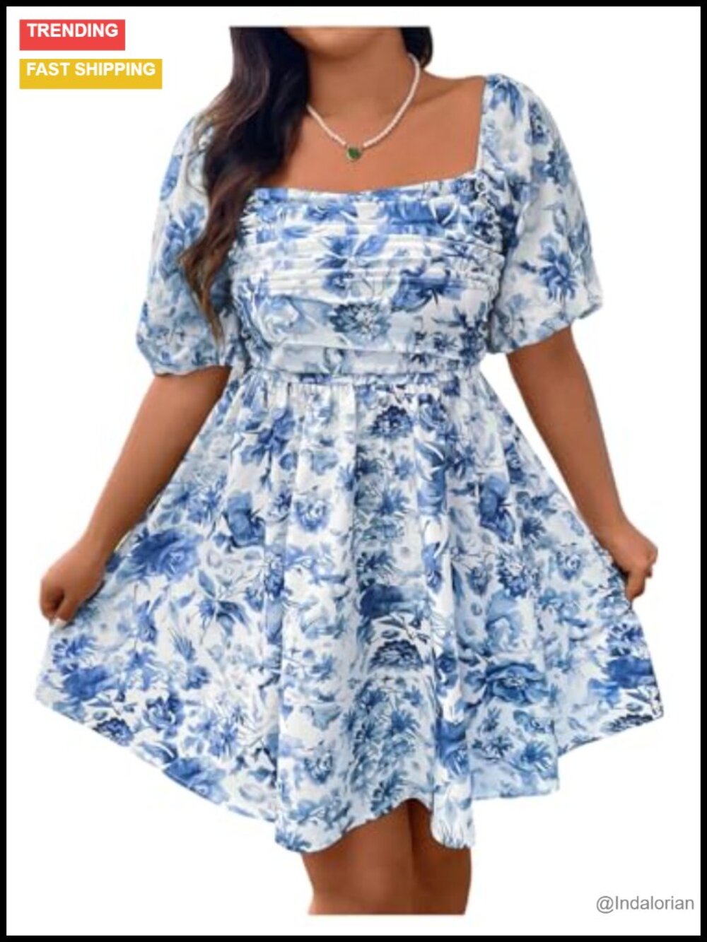 Plus Size Floral Print Ruched A Line Short Dress Puff Sleeve Square Neck